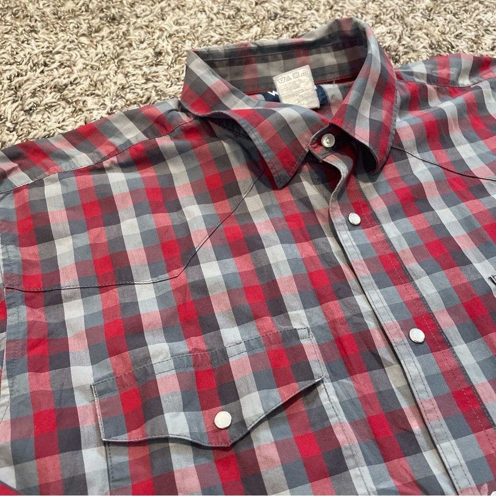 Wrangler Shirt Mens 2XL XXL Red Gray Check Pearl Snap Long Sleeve Cowboy Western